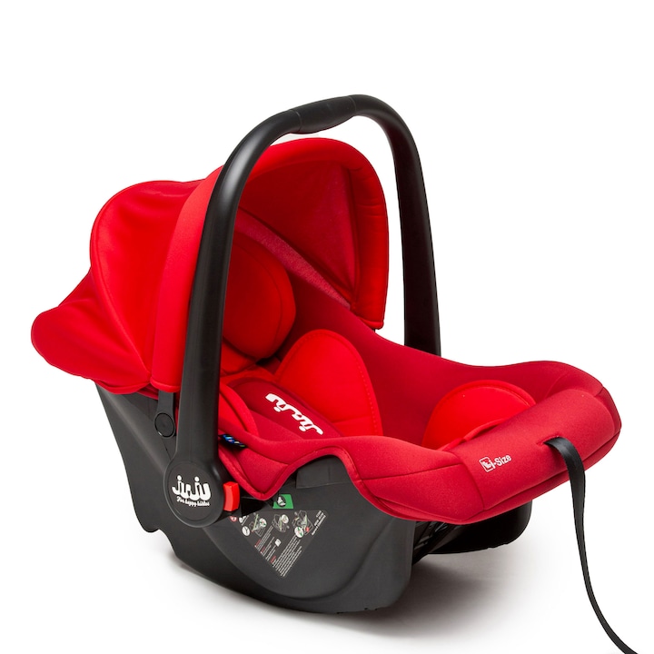 Cos auto pentru bebelusi si copii, de tip scoica, Juju Baby Boo i-Size, 40-85 cm, perne laterale moi pentru protectia capului, centuri reglabile, usor de montat, husa detasabila si lavabila, maner reglabil, Rosu/Bordo