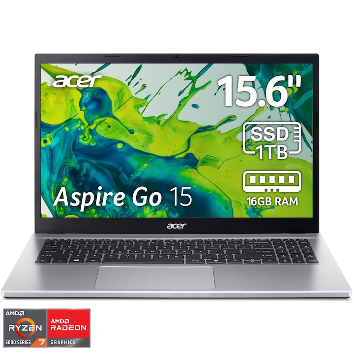 Laptop Acer Aspire Go 15 AG15-42P-R696 cu procesor AMD Ryzen™ 7 5825U pana la 4.5GHz, 15.6' Full HD, 16GB DDR4 RAM, 1TB SSD, Intel® UHD Graphics, No OS, Pure Silver