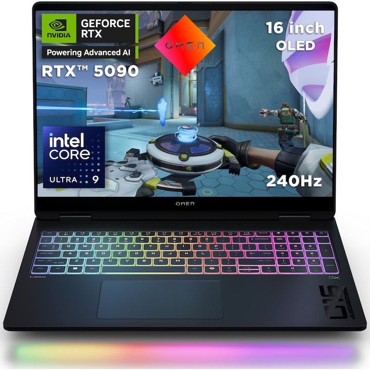 Laptop Gaming HP OMEN MAX 16-ah0003nn cu procesor Intel® Core™ Ultra 9 275HX pana la 5.4GHz, 16', WQXGA, OLED, 240Hz, 64GB DDR5 RAM, 2TB SSD, NVIDIA® GeForce RTX™ 5090 24GB GDDR7, Free DOS, Shadow black
