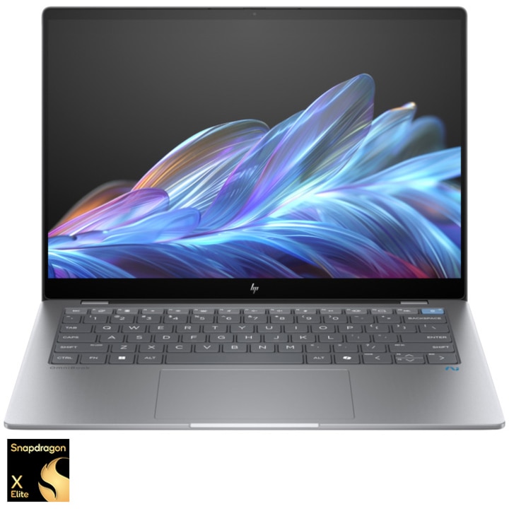 Laptop HP OmniBook X 14-fe0000nn cu procesor Qualcomm® Snapdragon® X Elite X1E-78-100 pana la 3.4GHz, 14', 2.2K, IPS, Touch, 16GB LPDDR5x, 1TB SSD, Qualcomm® Adreno™, Windows 11 Home, Argintiu – imagine de prezentare